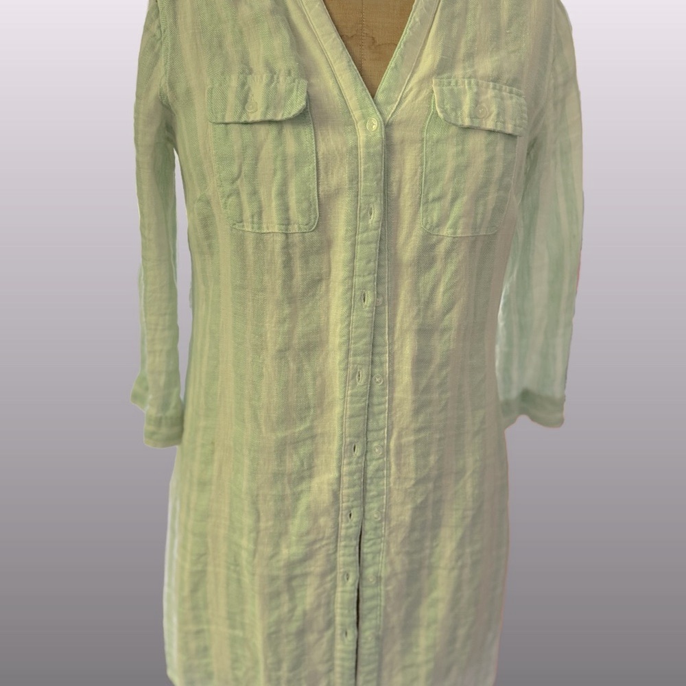 Linen Light Green Button-Down Women's Shirt Dress